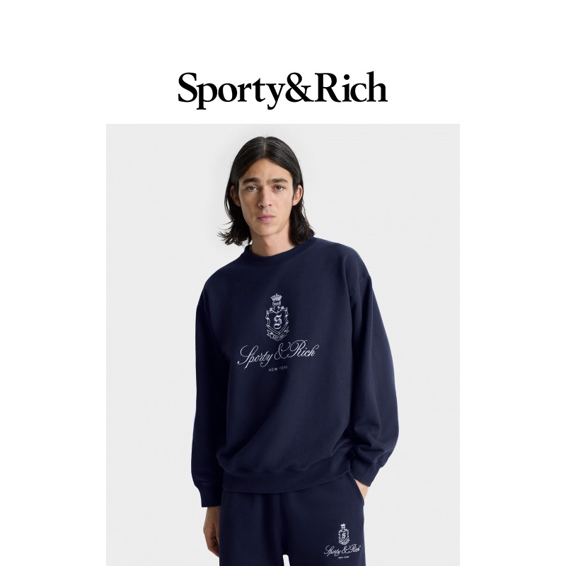Sporty&Rich Tennis系列男女同款美式复古休闲徽标圆领卫衣上衣