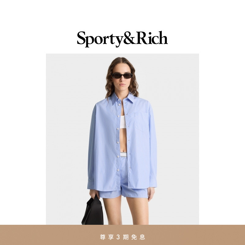 Sporty&Rich Tennis系列女士SRC通勤百搭淡蓝色条纹简约廓形衬衫