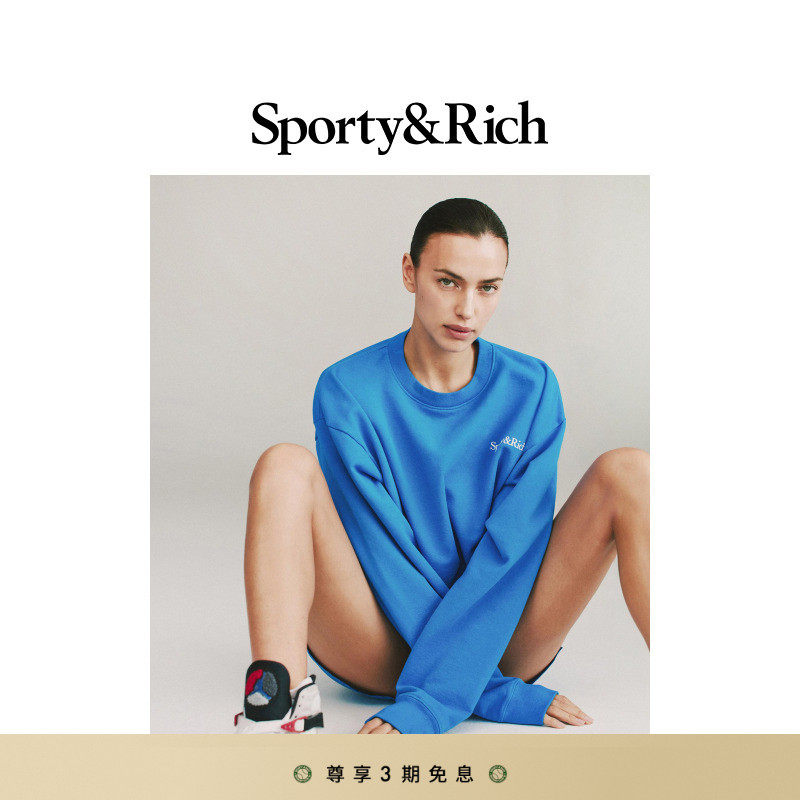 Sporty&Rich Sports系列男女同款经典巴黎蓝slogan宽松圆领卫衣