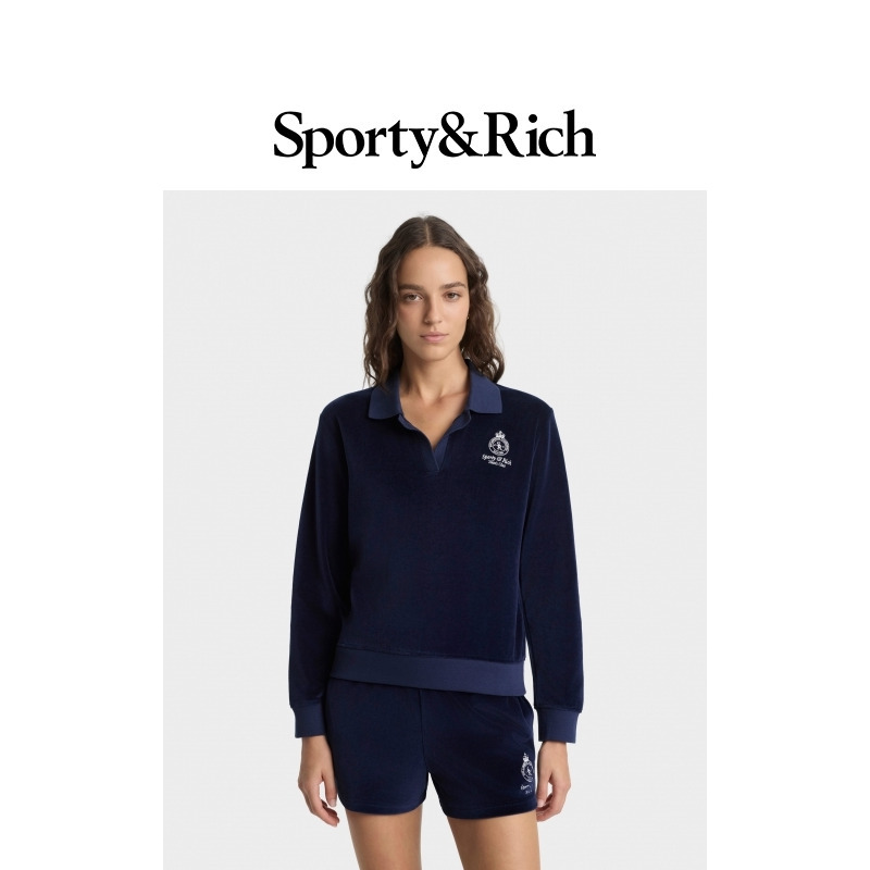 [秋冬新品]Sporty&Rich Tennis系列女士网球风丝绒感长袖Polo卫衣