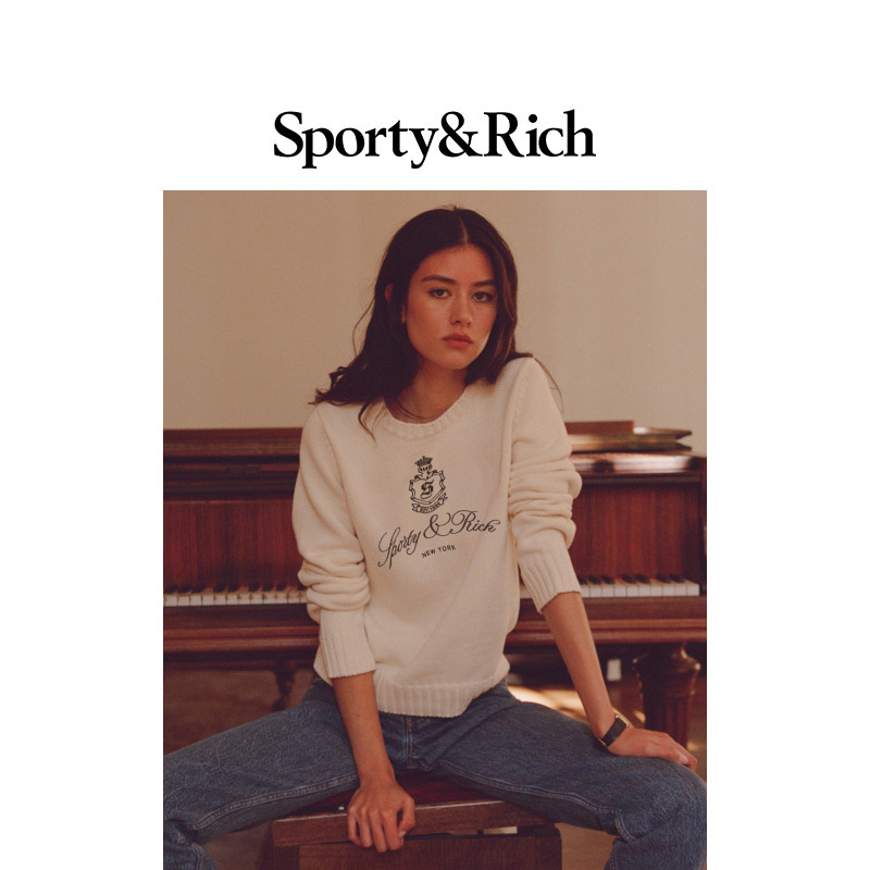 Sporty&Rich Preppy系列女士经典圆领刺绣徽章百搭休闲毛衣针织衫