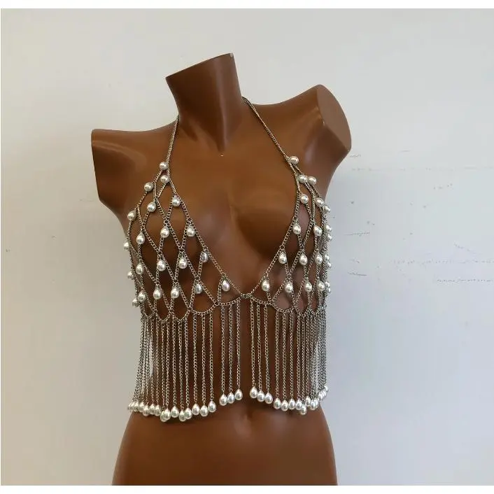 lh4735 热销手工个性水滴珍珠链条流苏胸链服饰链 镂空身体链