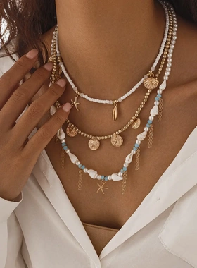 欧假风海星贝壳流苏项链套装 ins仿珍珠串珠海螺锁骨项饰