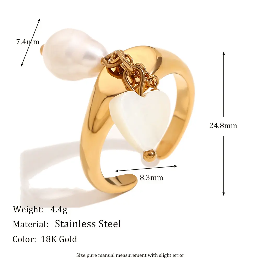 欧美气质小众复古高级感手饰不锈钢镀18k金珍珠贝壳流苏开口戒指