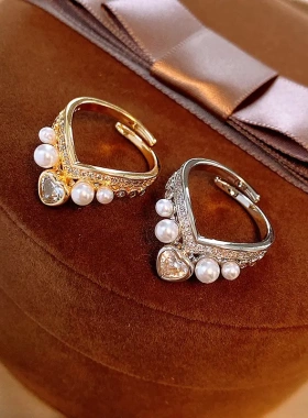 真金电镀锆石珍珠心形开口戒指欧美复古食指戒气质轻奢高级感手饰