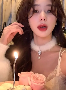 秋冬毛绒绒双层雪花项链女圣诞节配饰装扮高级感颈链锁骨链