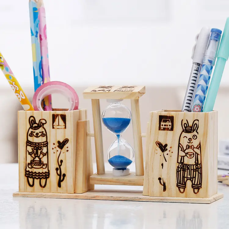 b616带沙漏双笔筒摆件 计时器 创意桌面木质摆饰 学生办公文具笔