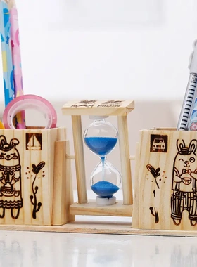 b616带沙漏双笔筒摆件 计时器 创意桌面木质摆饰 学生办公文具笔