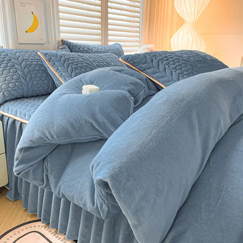 公主风加绒牛奶绒四件套高克重床单被套学生宿舍纯色系床裙三件套