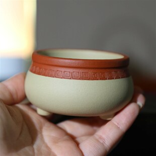 紫砂花盆回纹三足圆形小盆仿古B菖蒲盆景盆手工日式盆景盆孙伟