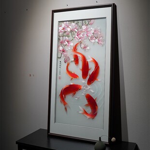 鱼戏花锦鲤纯手i工刺绣精品玄观挂画新中式过道壁画高端大气上档