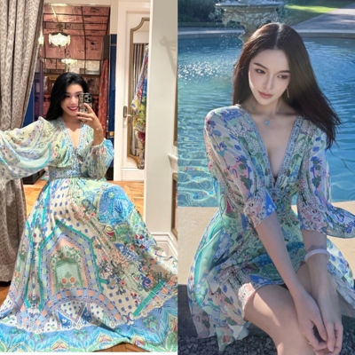 卡米拉春秋青绿真丝仙女连衣裙