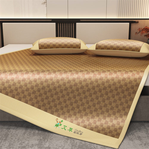 爆款艾草双面古藤席宽边绣花三件套可折叠宿舍款凉席竹席