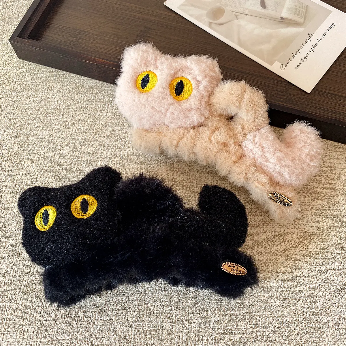 秋冬黑色猫咪毛绒抓夹秋冬可爱女大号后脑勺盘发夹高级感发饰