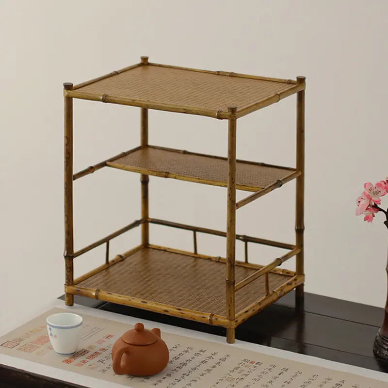 梅鹿竹茶棚禅意竹博古架小茶道收纳茶架子置物架茶具配件餐厨饮具