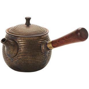 木柄侧把壶创意泡茶器小陶壶陶瓷家用客厅手把壶 复古鎏金茶壶日式