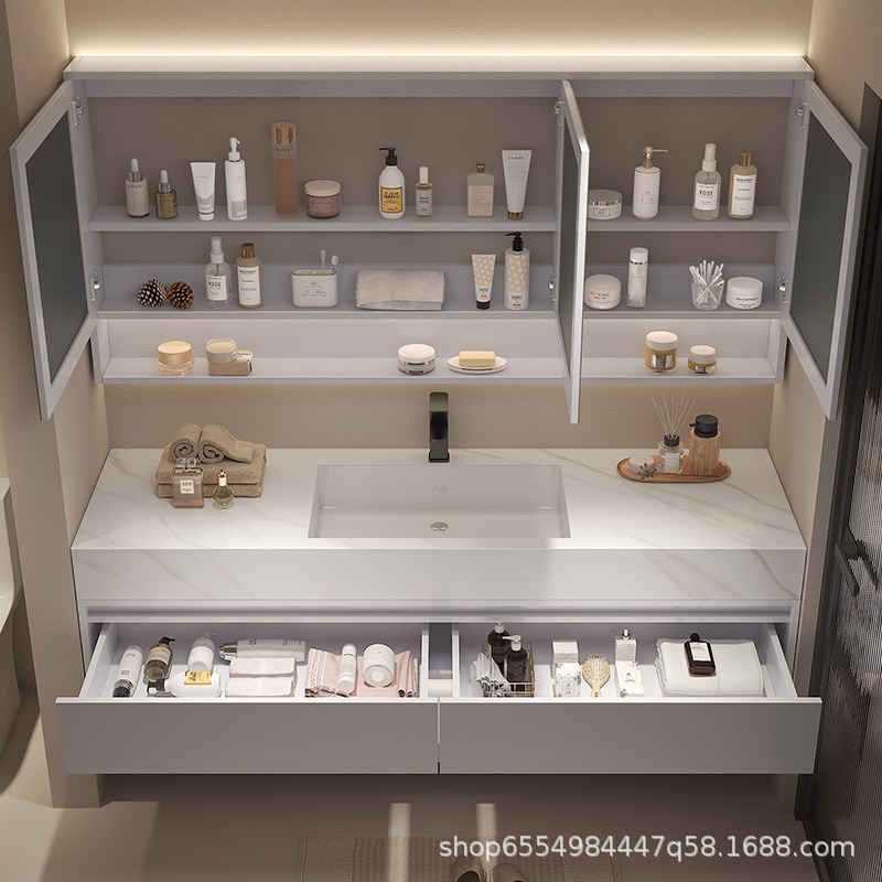 奶油风轻奢双盆岩板浴室柜组合卫生间无缝一体洗漱台洗脸洗手喷轨