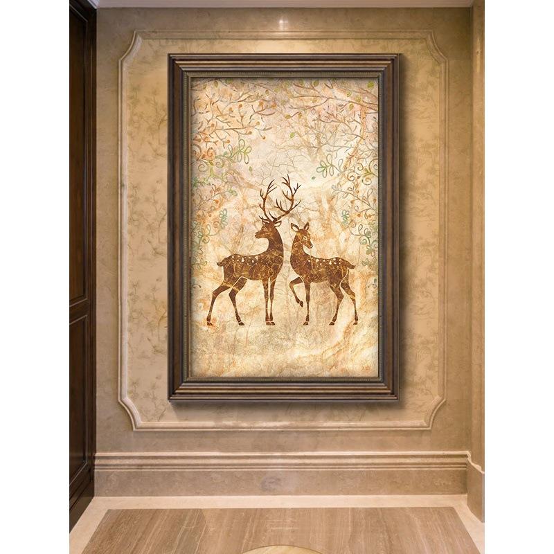 玄关装饰画欧式风格麋鹿小尺寸竖版走廊挂画过道壁画美式客厅油画