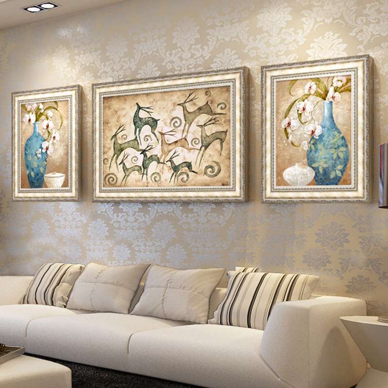 【】欧式壁画 客厅动物装饰画 发财鹿油画 大气组合墙面挂画图片