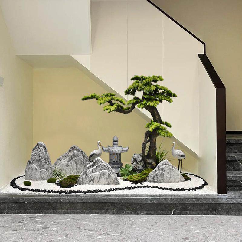 室内枯山水仿真绿植迎客松景观橱窗楼梯下造景假山装饰品落地摆件