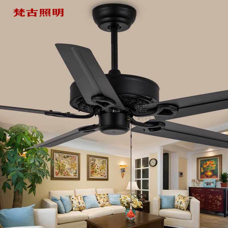 美式吊扇灯黑色复古实木五叶风扇灯客厅餐厅工业风电扇灯吊灯