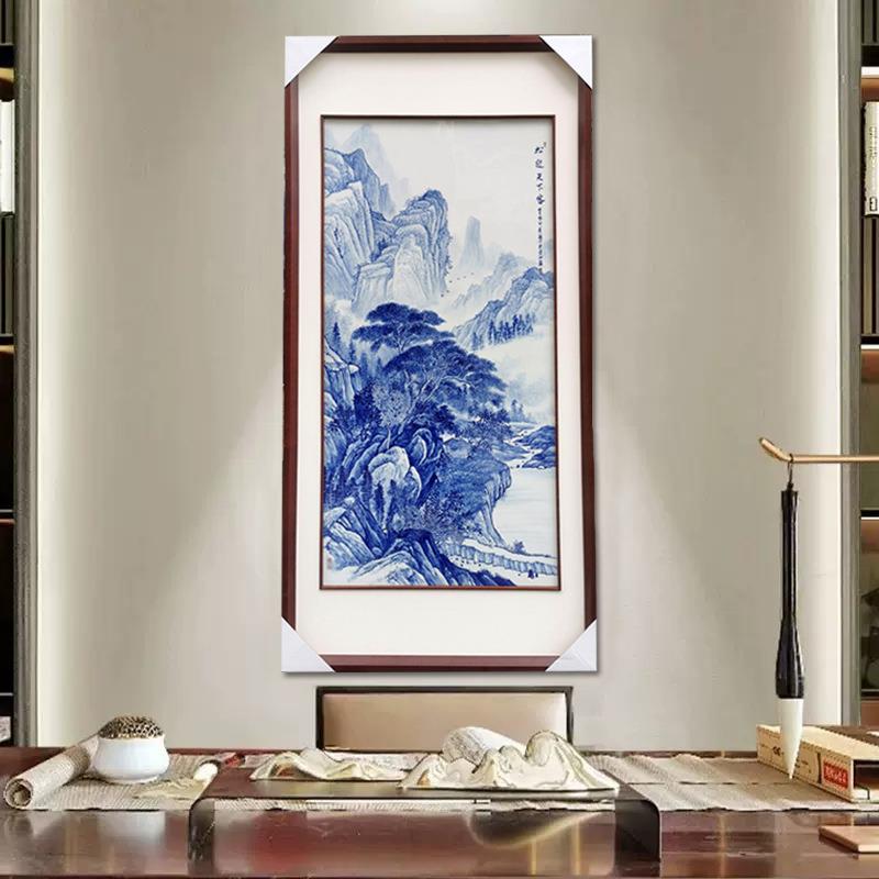 非遗大师手绘青花迎客松瓷板画装饰中式玄关壁画办公室送单位领导