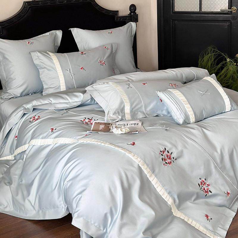 法式浪漫100S长绒棉四件套少女心花卉刺绣全棉高级感被套床上用品