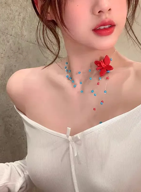 新款清新唯美甜美花朵串珠项链女精致百搭蓝色choker流苏锁骨链女