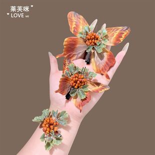 复古蓝色枯叶蝶发夹发卡发饰新中式边夹拍照道具出片旗袍汉服头饰