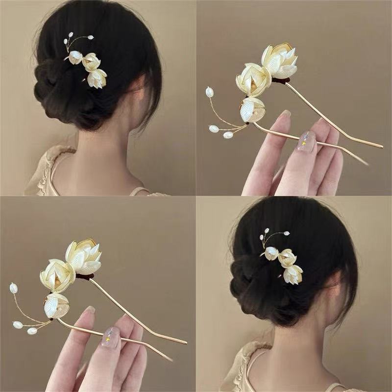 玉兰花朵u型发簪缠花簪花头饰