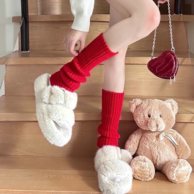 红色袜套女时髦百搭小腿套金属标美式复古秋冬季羊绒针织堆堆袜