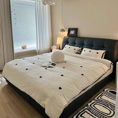 奶油泡芙小户型温馨款储物主卧大床泡芙风床黑色真皮床现代简约