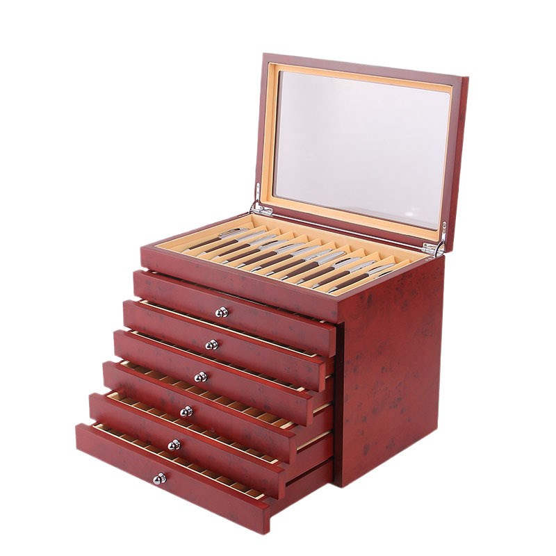 现货木质钢笔盒78位红色烤漆钢笔收纳盒抽屉式钢笔包装盒