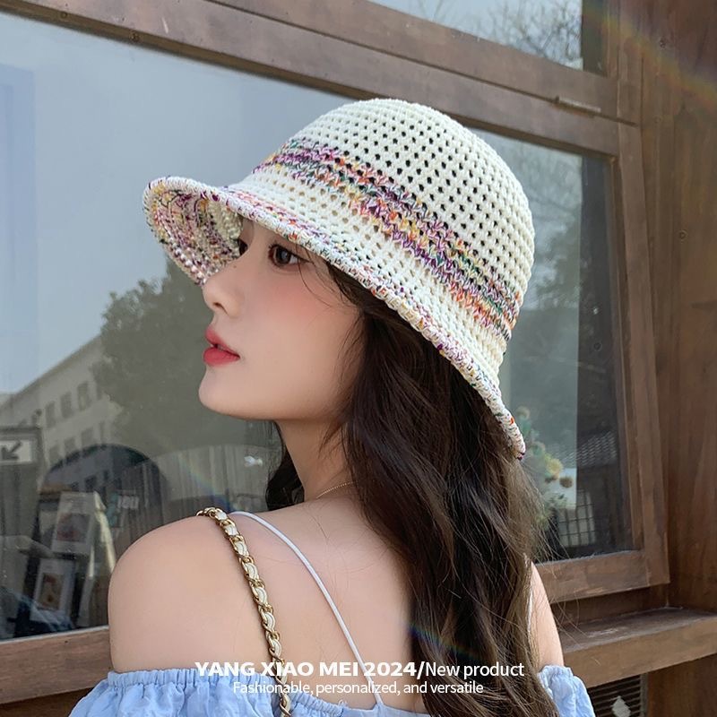 夏季甜美百搭镂空编织渔夫帽子女款新款沙滩彩色防晒遮脸盆帽
