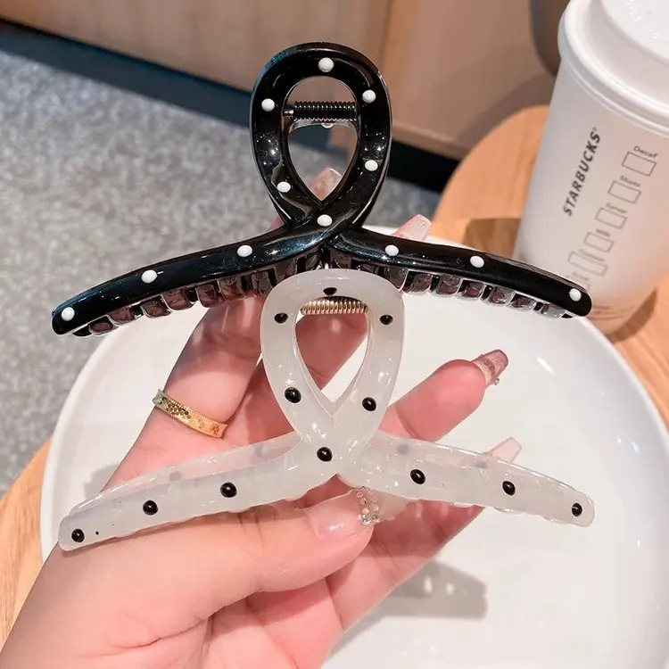 黑白波点飘带结抓夹高级感百搭夹盘发夹子发爪发饰品