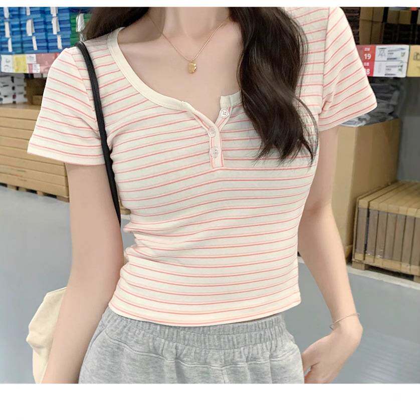 正肩条纹短袖T恤女2025夏季女装新款半开领修身显瘦学生短款上衣