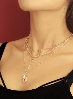 欧美饰品复古三层街拍心形钥匙挂锁吊坠项链女彩珠手工链项饰