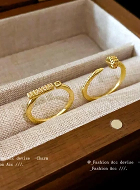 真金电镀锆石钉子开口戒指韩系小众高级感指环百搭食指戒女