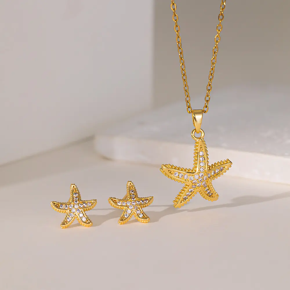 铜镀18k镶锆石心形女镂空水滴项链耳钉套装小众轻奢高级感饰品