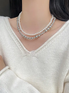 法式复古高级感双层叠戴珍珠项链女ins轻奢气质金属球串珠锁骨链