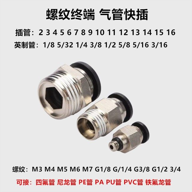 气管快插M2 3 5 7 9螺纹G1/8 G1/4 3/8英寸管螺纹终端接头公制管
