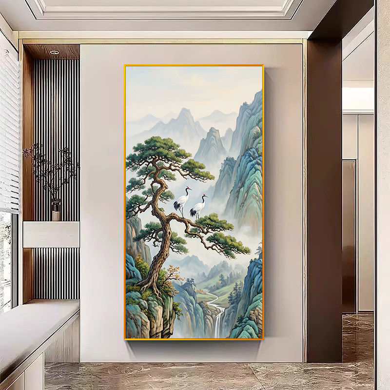 青山翠松十字绣2026新款入户玄关全绣白鹤祝寿图线绣大幅竖版自绣