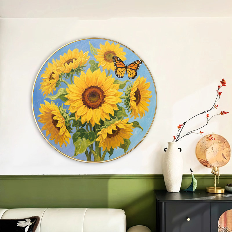 向日葵十字绣手工线绣圆形小件家用玄关精准印花全绣现代简约客厅