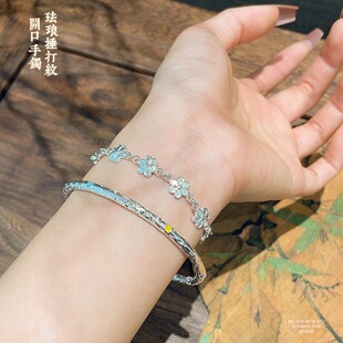 少女手工锤纹珐琅彩手镯足银999.9百搭轻奢ins 彩色时尚