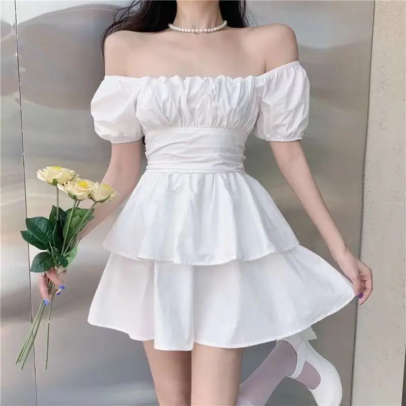 纯欲风方领一字领蛋糕裙甜美风绑带结蓬蓬裙女夏显瘦连衣裙子