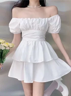 纯欲风方领一字领蛋糕裙甜美风绑带结蓬蓬裙女夏显瘦连衣裙子