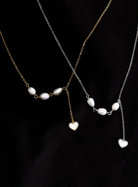 s925纯银珍珠项链女白贝母桃心可调节流苏法式复古锁骨链潮