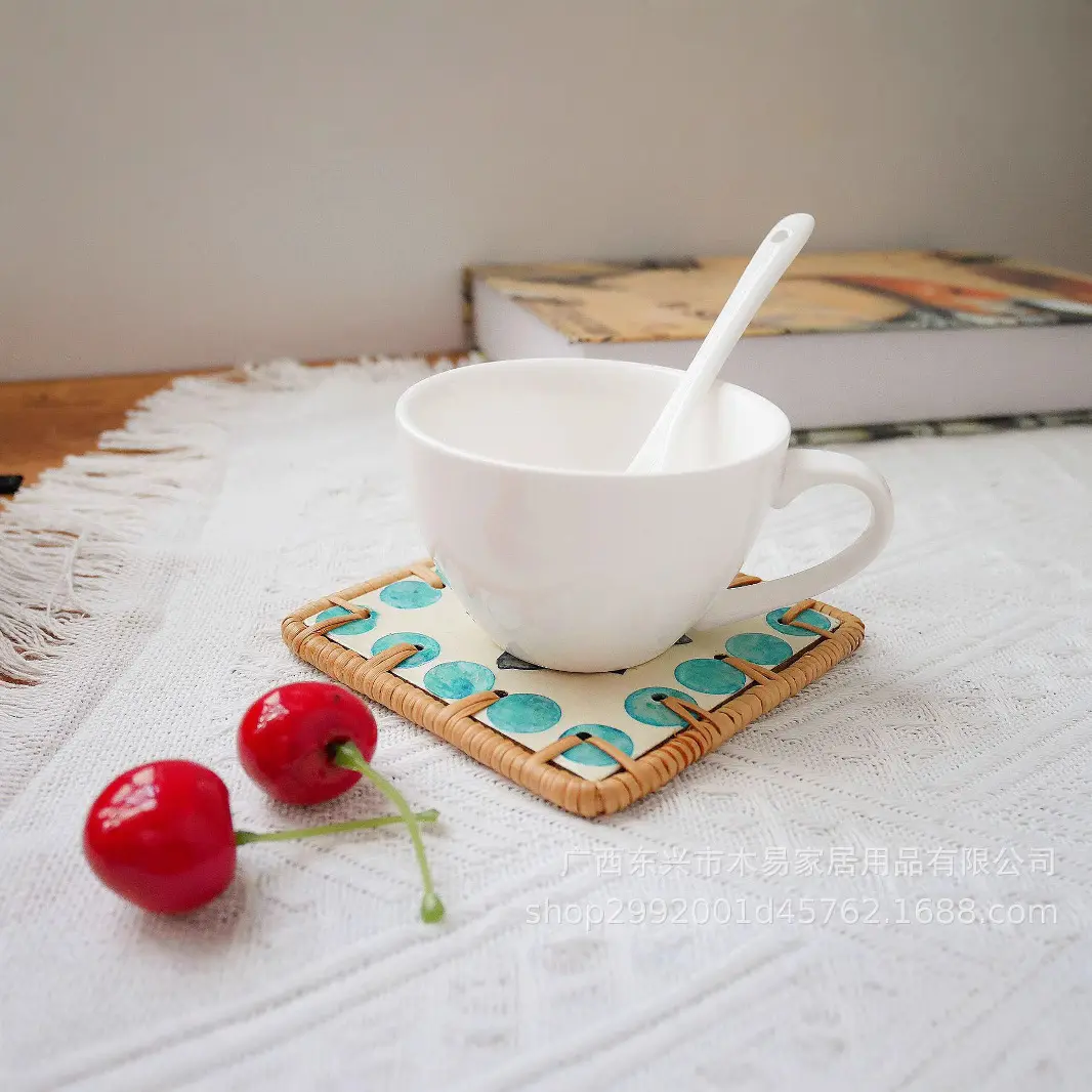 东南亚手工藤包边彩贝壳杯垫天然贝母轻奢隔热垫贝壳杯垫复古