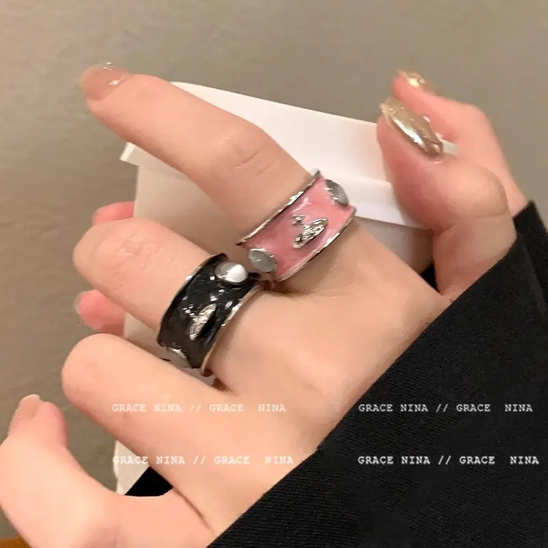 滴釉土星宽面戒指女小众设计石指环情侣对戒2023新款潮食指戒