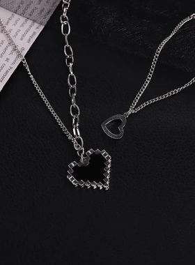 黑色克爱心像素桃心双层ins冷淡风嘻哈吊坠网红饰秋冬款项链